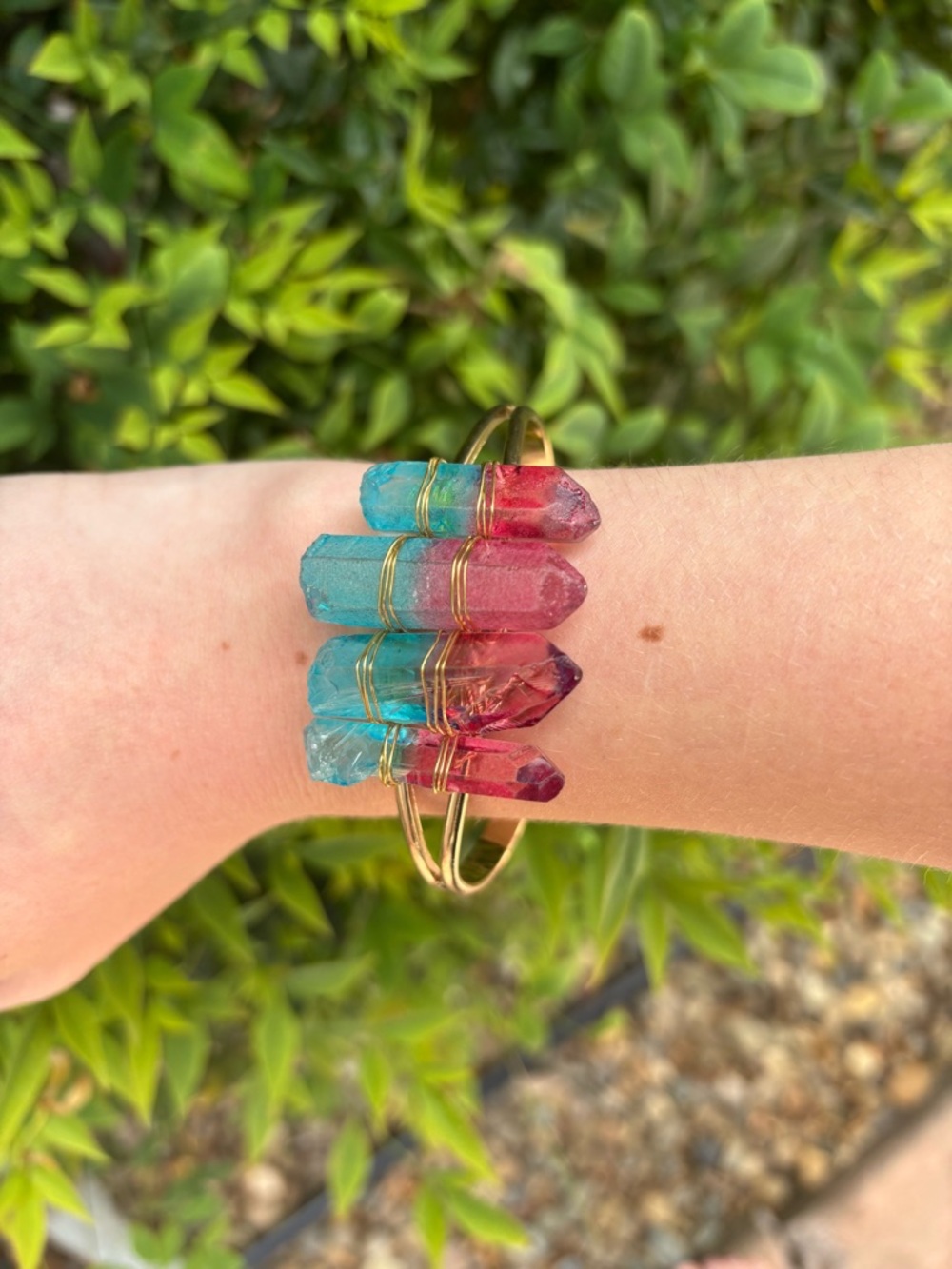 Gold Cuff Bracelet with Blue and Pink Crystal Points